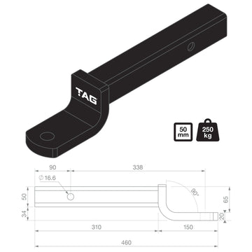 TAG Tow Ball Mount - 338mm Long, 90°Face, 50mm Square Hitch - Brixton 4x4 - Buy Online Now!